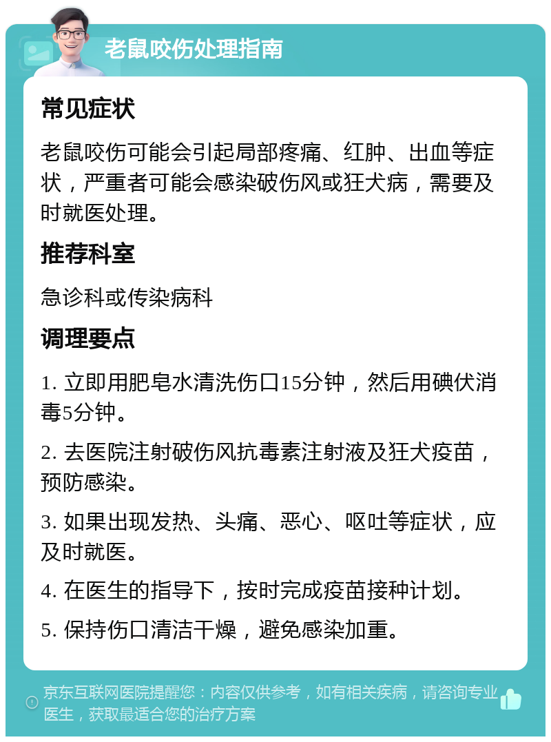 老鼠咬伤处理指南 常见症状 老鼠咬伤可能会引起局部疼痛、红肿、出血等症状，严重者可能会感染破伤风或狂犬病，需要及时就医处理。 推荐科室 急诊科或传染病科 调理要点 1. 立即用肥皂水清洗伤口15分钟，然后用碘伏消毒5分钟。 2. 去医院注射破伤风抗毒素注射液及狂犬疫苗，预防感染。 3. 如果出现发热、头痛、恶心、呕吐等症状，应及时就医。 4. 在医生的指导下，按时完成疫苗接种计划。 5. 保持伤口清洁干燥，避免感染加重。