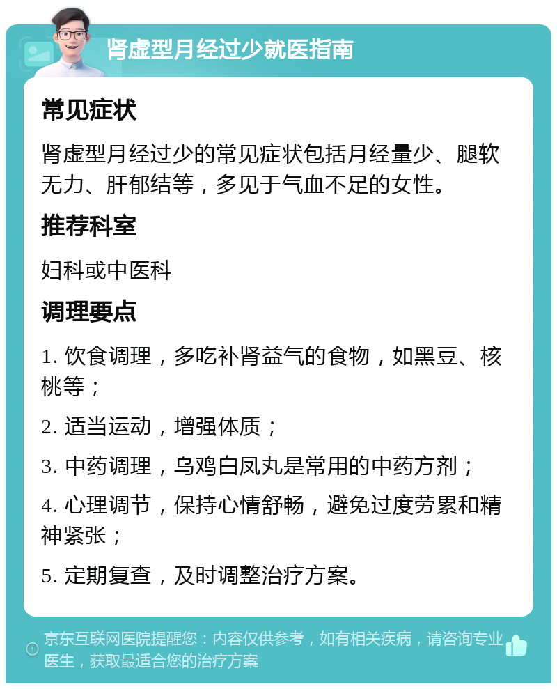 肾虚型月经过少就医指南 常见症状 肾虚型月经过少的常见症状包括月经量少、腿软无力、肝郁结等，多见于气血不足的女性。 推荐科室 妇科或中医科 调理要点 1. 饮食调理，多吃补肾益气的食物，如黑豆、核桃等； 2. 适当运动，增强体质； 3. 中药调理，乌鸡白凤丸是常用的中药方剂； 4. 心理调节，保持心情舒畅，避免过度劳累和精神紧张； 5. 定期复查，及时调整治疗方案。