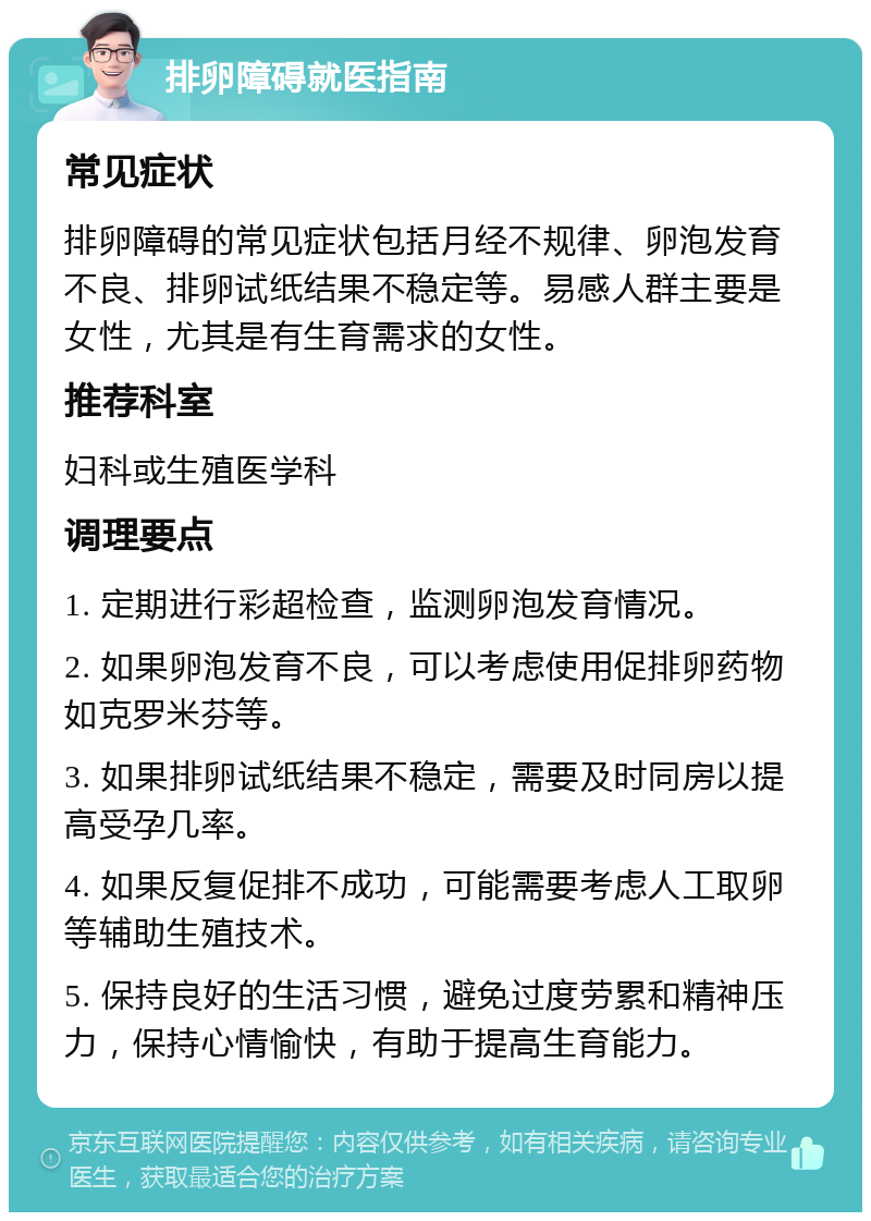 排卵障碍就医指南 常见症状 排卵障碍的常见症状包括月经不规律、卵泡发育不良、排卵试纸结果不稳定等。易感人群主要是女性，尤其是有生育需求的女性。 推荐科室 妇科或生殖医学科 调理要点 1. 定期进行彩超检查，监测卵泡发育情况。 2. 如果卵泡发育不良，可以考虑使用促排卵药物如克罗米芬等。 3. 如果排卵试纸结果不稳定，需要及时同房以提高受孕几率。 4. 如果反复促排不成功，可能需要考虑人工取卵等辅助生殖技术。 5. 保持良好的生活习惯，避免过度劳累和精神压力，保持心情愉快，有助于提高生育能力。