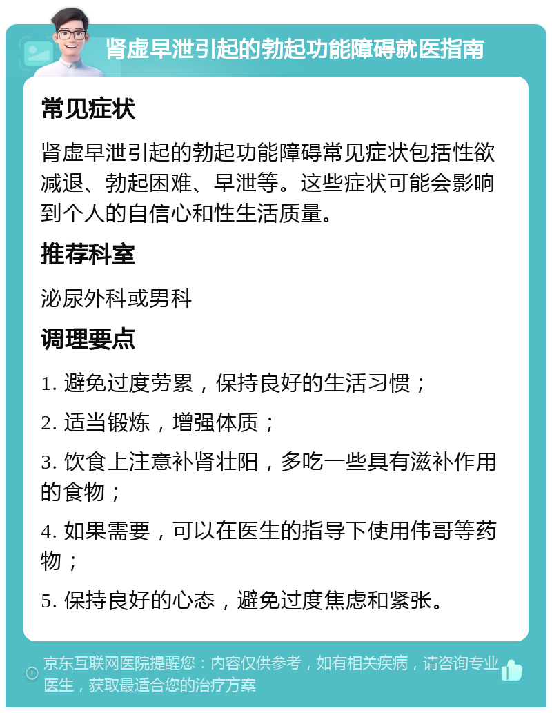 肾虚早泄引起的勃起功能障碍就医指南 常见症状 肾虚早泄引起的勃起功能障碍常见症状包括性欲减退、勃起困难、早泄等。这些症状可能会影响到个人的自信心和性生活质量。 推荐科室 泌尿外科或男科 调理要点 1. 避免过度劳累，保持良好的生活习惯； 2. 适当锻炼，增强体质； 3. 饮食上注意补肾壮阳，多吃一些具有滋补作用的食物； 4. 如果需要，可以在医生的指导下使用伟哥等药物； 5. 保持良好的心态，避免过度焦虑和紧张。