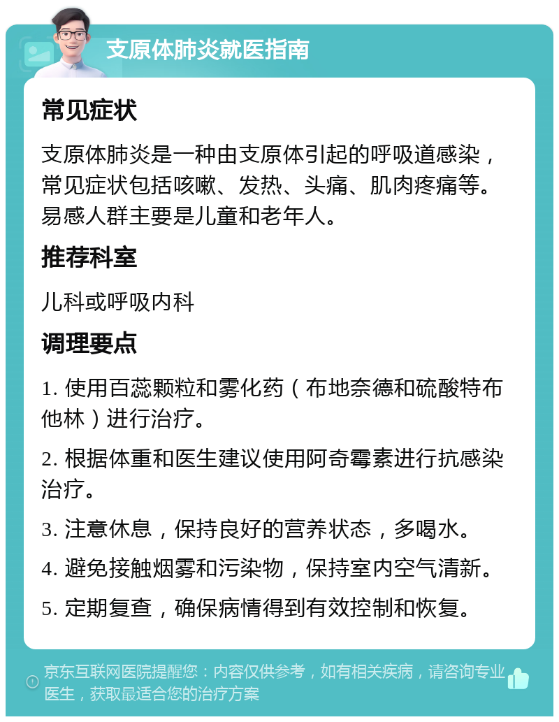 支原体肺炎就医指南 常见症状 支原体肺炎是一种由支原体引起的呼吸道感染，常见症状包括咳嗽、发热、头痛、肌肉疼痛等。易感人群主要是儿童和老年人。 推荐科室 儿科或呼吸内科 调理要点 1. 使用百蕊颗粒和雾化药（布地奈德和硫酸特布他林）进行治疗。 2. 根据体重和医生建议使用阿奇霉素进行抗感染治疗。 3. 注意休息，保持良好的营养状态，多喝水。 4. 避免接触烟雾和污染物，保持室内空气清新。 5. 定期复查，确保病情得到有效控制和恢复。