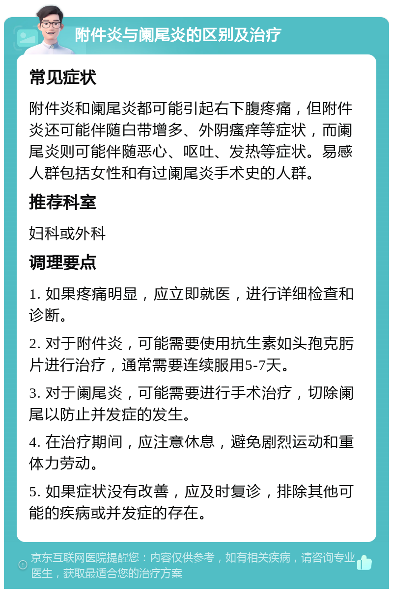 附件炎与阑尾炎的区别及治疗 常见症状 附件炎和阑尾炎都可能引起右下腹疼痛，但附件炎还可能伴随白带增多、外阴瘙痒等症状，而阑尾炎则可能伴随恶心、呕吐、发热等症状。易感人群包括女性和有过阑尾炎手术史的人群。 推荐科室 妇科或外科 调理要点 1. 如果疼痛明显，应立即就医，进行详细检查和诊断。 2. 对于附件炎，可能需要使用抗生素如头孢克肟片进行治疗，通常需要连续服用5-7天。 3. 对于阑尾炎，可能需要进行手术治疗，切除阑尾以防止并发症的发生。 4. 在治疗期间，应注意休息，避免剧烈运动和重体力劳动。 5. 如果症状没有改善，应及时复诊，排除其他可能的疾病或并发症的存在。