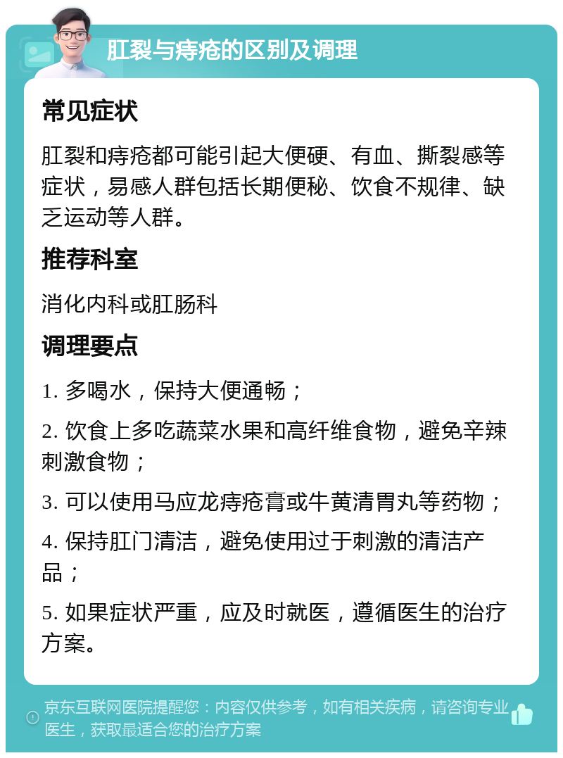 肛裂与痔疮的区别及调理 常见症状 肛裂和痔疮都可能引起大便硬、有血、撕裂感等症状，易感人群包括长期便秘、饮食不规律、缺乏运动等人群。 推荐科室 消化内科或肛肠科 调理要点 1. 多喝水，保持大便通畅； 2. 饮食上多吃蔬菜水果和高纤维食物，避免辛辣刺激食物； 3. 可以使用马应龙痔疮膏或牛黄清胃丸等药物； 4. 保持肛门清洁，避免使用过于刺激的清洁产品； 5. 如果症状严重，应及时就医，遵循医生的治疗方案。