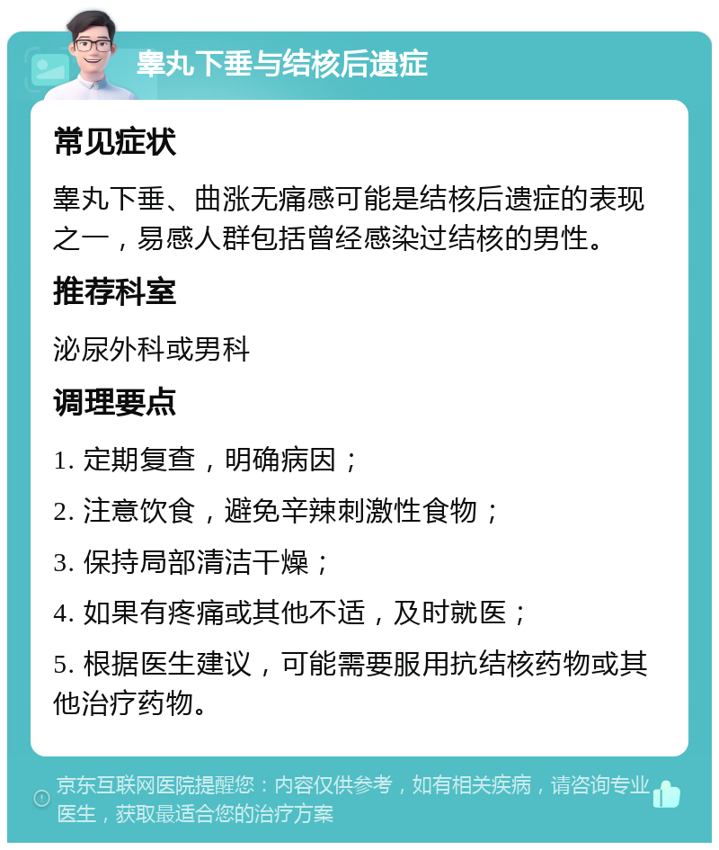 睾丸下垂与结核后遗症 常见症状 睾丸下垂、曲涨无痛感可能是结核后遗症的表现之一，易感人群包括曾经感染过结核的男性。 推荐科室 泌尿外科或男科 调理要点 1. 定期复查，明确病因； 2. 注意饮食，避免辛辣刺激性食物； 3. 保持局部清洁干燥； 4. 如果有疼痛或其他不适，及时就医； 5. 根据医生建议，可能需要服用抗结核药物或其他治疗药物。