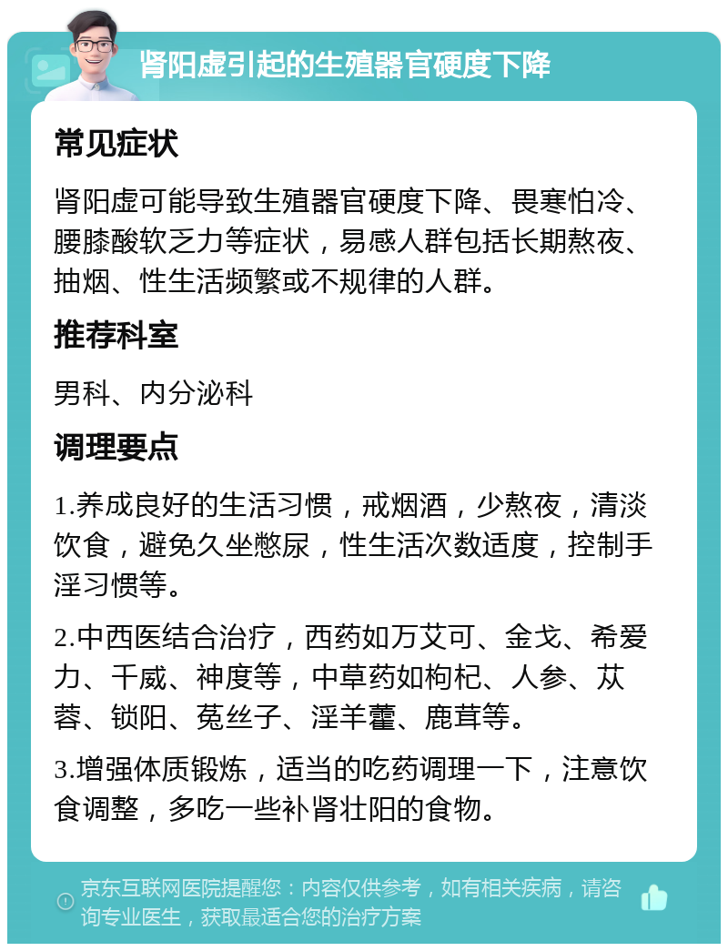 肾阳虚引起的生殖器官硬度下降 常见症状 肾阳虚可能导致生殖器官硬度下降、畏寒怕冷、腰膝酸软乏力等症状，易感人群包括长期熬夜、抽烟、性生活频繁或不规律的人群。 推荐科室 男科、内分泌科 调理要点 1.养成良好的生活习惯，戒烟酒，少熬夜，清淡饮食，避免久坐憋尿，性生活次数适度，控制手淫习惯等。 2.中西医结合治疗，西药如万艾可、金戈、希爱力、千威、神度等，中草药如枸杞、人参、苁蓉、锁阳、菟丝子、淫羊藿、鹿茸等。 3.增强体质锻炼，适当的吃药调理一下，注意饮食调整，多吃一些补肾壮阳的食物。