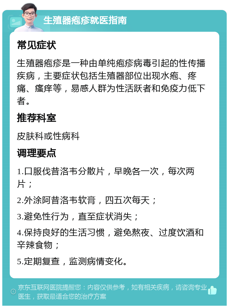 生殖器疱疹就医指南 常见症状 生殖器疱疹是一种由单纯疱疹病毒引起的性传播疾病，主要症状包括生殖器部位出现水疱、疼痛、瘙痒等，易感人群为性活跃者和免疫力低下者。 推荐科室 皮肤科或性病科 调理要点 1.口服伐昔洛韦分散片，早晚各一次，每次两片； 2.外涂阿昔洛韦软膏，四五次每天； 3.避免性行为，直至症状消失； 4.保持良好的生活习惯，避免熬夜、过度饮酒和辛辣食物； 5.定期复查，监测病情变化。