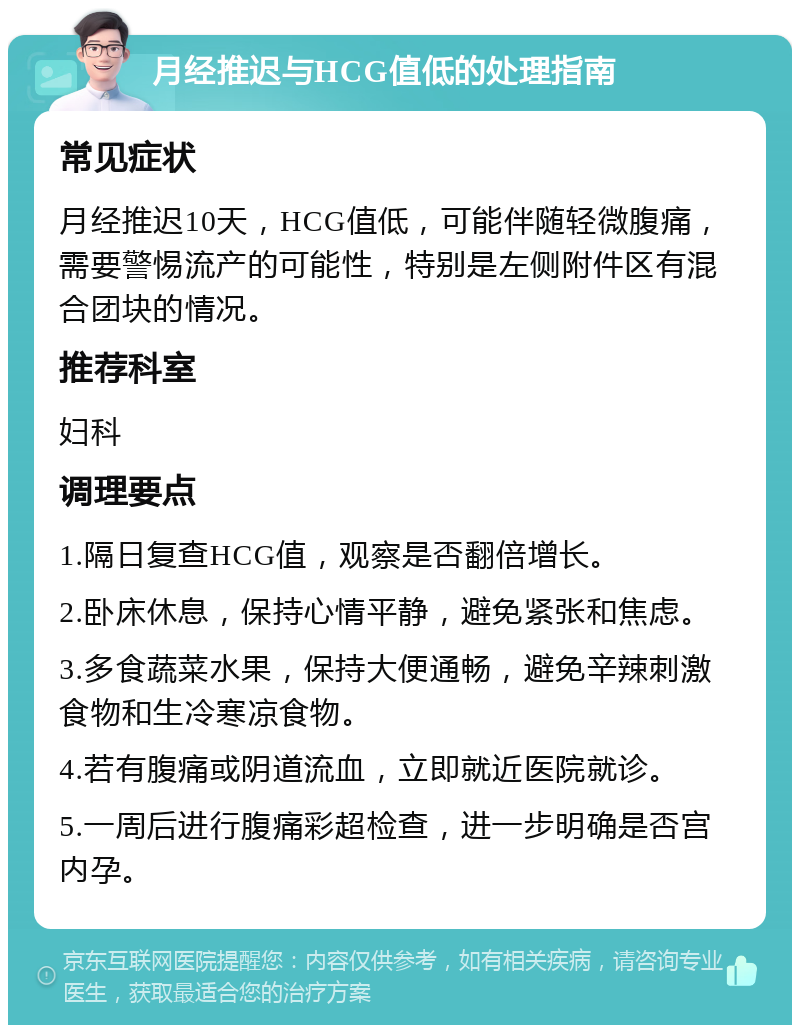 月经推迟与HCG值低的处理指南 常见症状 月经推迟10天，HCG值低，可能伴随轻微腹痛，需要警惕流产的可能性，特别是左侧附件区有混合团块的情况。 推荐科室 妇科 调理要点 1.隔日复查HCG值，观察是否翻倍增长。 2.卧床休息，保持心情平静，避免紧张和焦虑。 3.多食蔬菜水果，保持大便通畅，避免辛辣刺激食物和生冷寒凉食物。 4.若有腹痛或阴道流血，立即就近医院就诊。 5.一周后进行腹痛彩超检查，进一步明确是否宫内孕。