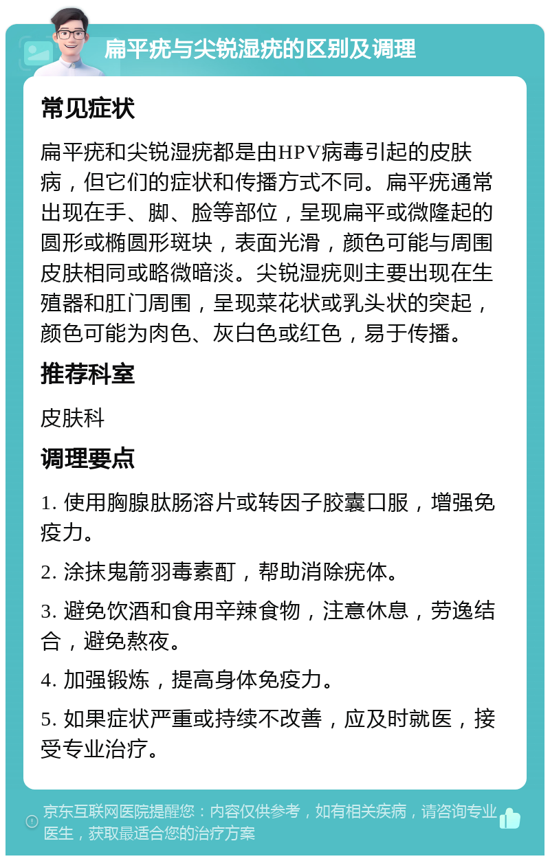 扁平疣与尖锐湿疣的区别及调理 常见症状 扁平疣和尖锐湿疣都是由HPV病毒引起的皮肤病，但它们的症状和传播方式不同。扁平疣通常出现在手、脚、脸等部位，呈现扁平或微隆起的圆形或椭圆形斑块，表面光滑，颜色可能与周围皮肤相同或略微暗淡。尖锐湿疣则主要出现在生殖器和肛门周围，呈现菜花状或乳头状的突起，颜色可能为肉色、灰白色或红色，易于传播。 推荐科室 皮肤科 调理要点 1. 使用胸腺肽肠溶片或转因子胶囊口服，增强免疫力。 2. 涂抹鬼箭羽毒素酊，帮助消除疣体。 3. 避免饮酒和食用辛辣食物，注意休息，劳逸结合，避免熬夜。 4. 加强锻炼，提高身体免疫力。 5. 如果症状严重或持续不改善，应及时就医，接受专业治疗。