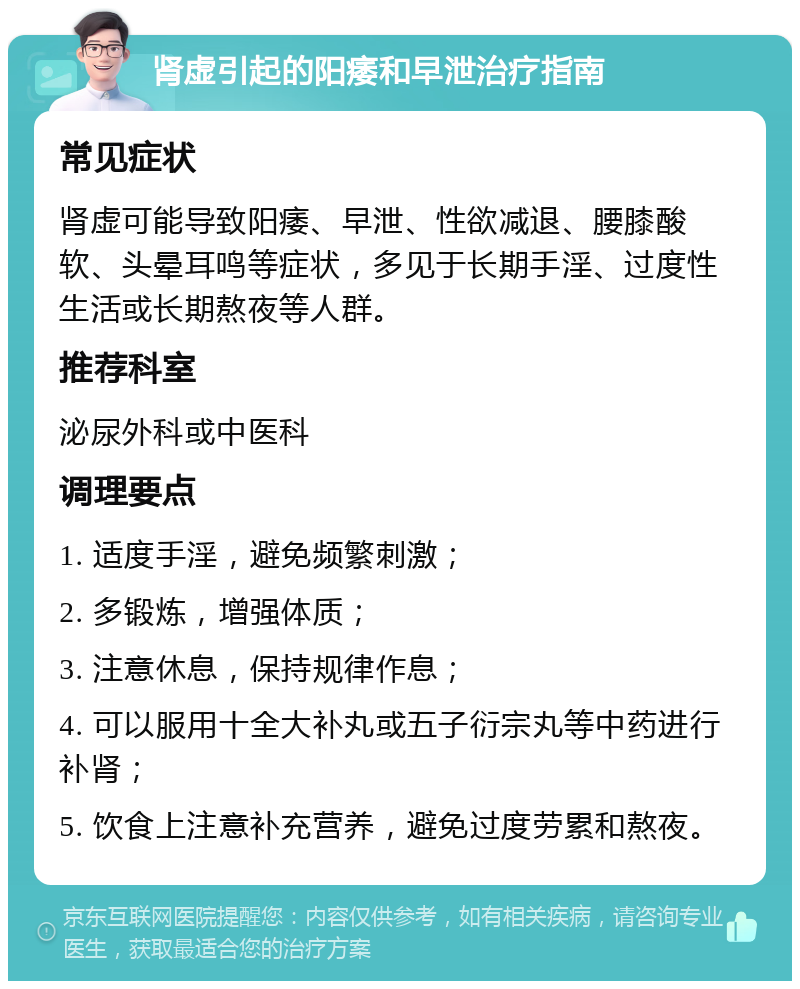 肾虚引起的阳痿和早泄治疗指南 常见症状 肾虚可能导致阳痿、早泄、性欲减退、腰膝酸软、头晕耳鸣等症状，多见于长期手淫、过度性生活或长期熬夜等人群。 推荐科室 泌尿外科或中医科 调理要点 1. 适度手淫，避免频繁刺激； 2. 多锻炼，增强体质； 3. 注意休息，保持规律作息； 4. 可以服用十全大补丸或五子衍宗丸等中药进行补肾； 5. 饮食上注意补充营养，避免过度劳累和熬夜。