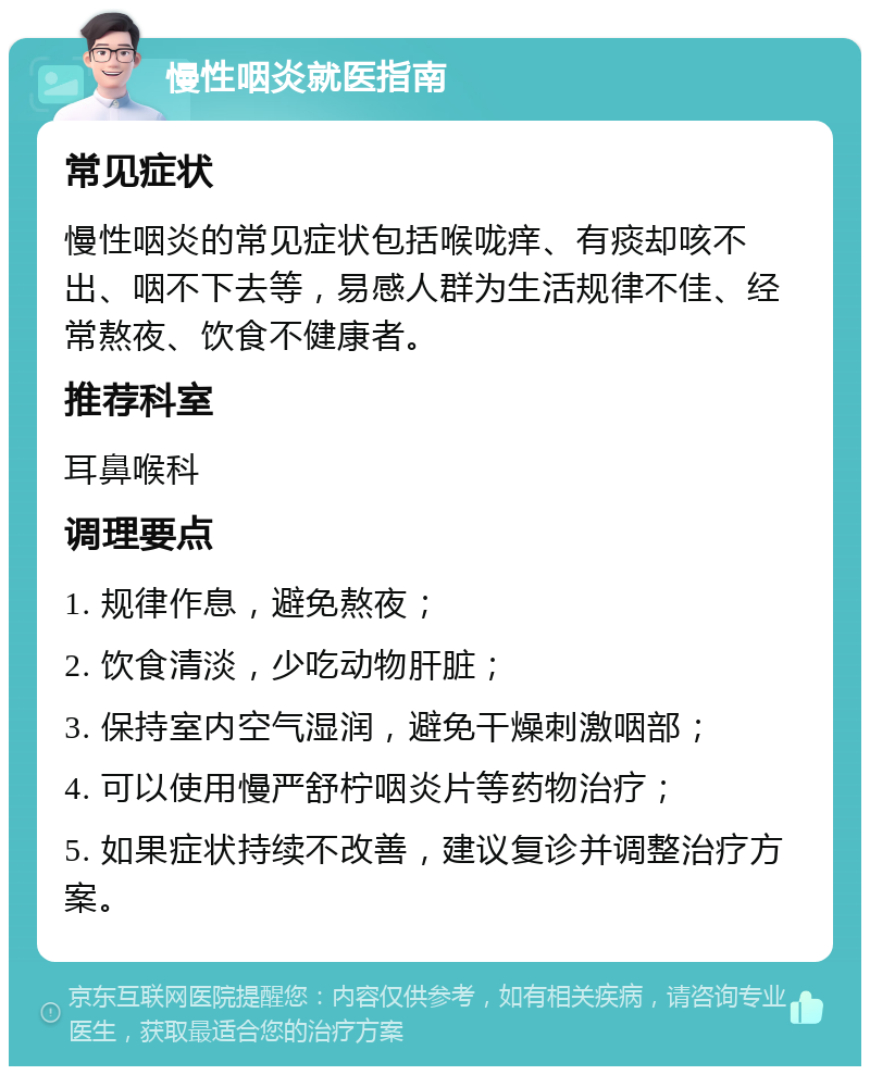 慢性咽炎就医指南 常见症状 慢性咽炎的常见症状包括喉咙痒、有痰却咳不出、咽不下去等，易感人群为生活规律不佳、经常熬夜、饮食不健康者。 推荐科室 耳鼻喉科 调理要点 1. 规律作息，避免熬夜； 2. 饮食清淡，少吃动物肝脏； 3. 保持室内空气湿润，避免干燥刺激咽部； 4. 可以使用慢严舒柠咽炎片等药物治疗； 5. 如果症状持续不改善，建议复诊并调整治疗方案。