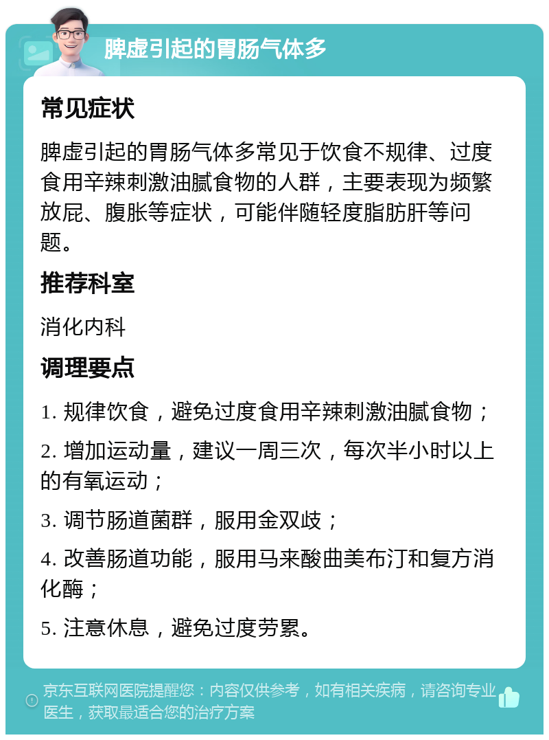 脾虚引起的胃肠气体多 常见症状 脾虚引起的胃肠气体多常见于饮食不规律、过度食用辛辣刺激油腻食物的人群，主要表现为频繁放屁、腹胀等症状，可能伴随轻度脂肪肝等问题。 推荐科室 消化内科 调理要点 1. 规律饮食，避免过度食用辛辣刺激油腻食物； 2. 增加运动量，建议一周三次，每次半小时以上的有氧运动； 3. 调节肠道菌群，服用金双歧； 4. 改善肠道功能，服用马来酸曲美布汀和复方消化酶； 5. 注意休息，避免过度劳累。