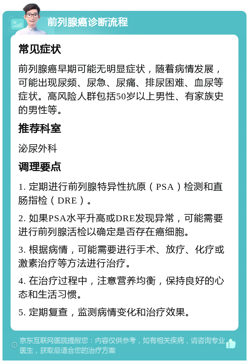 前列腺癌诊断流程 常见症状 前列腺癌早期可能无明显症状，随着病情发展，可能出现尿频、尿急、尿痛、排尿困难、血尿等症状。高风险人群包括50岁以上男性、有家族史的男性等。 推荐科室 泌尿外科 调理要点 1. 定期进行前列腺特异性抗原（PSA）检测和直肠指检（DRE）。 2. 如果PSA水平升高或DRE发现异常，可能需要进行前列腺活检以确定是否存在癌细胞。 3. 根据病情，可能需要进行手术、放疗、化疗或激素治疗等方法进行治疗。 4. 在治疗过程中，注意营养均衡，保持良好的心态和生活习惯。 5. 定期复查，监测病情变化和治疗效果。