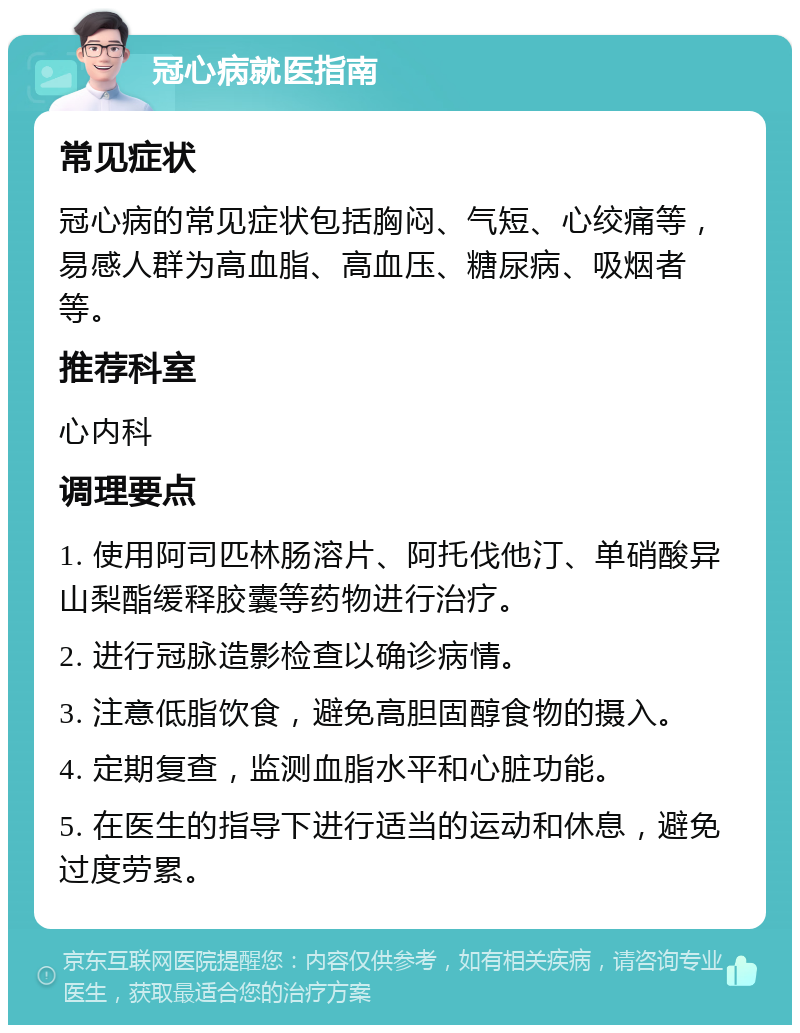 冠心病就医指南 常见症状 冠心病的常见症状包括胸闷、气短、心绞痛等，易感人群为高血脂、高血压、糖尿病、吸烟者等。 推荐科室 心内科 调理要点 1. 使用阿司匹林肠溶片、阿托伐他汀、单硝酸异山梨酯缓释胶囊等药物进行治疗。 2. 进行冠脉造影检查以确诊病情。 3. 注意低脂饮食，避免高胆固醇食物的摄入。 4. 定期复查，监测血脂水平和心脏功能。 5. 在医生的指导下进行适当的运动和休息，避免过度劳累。