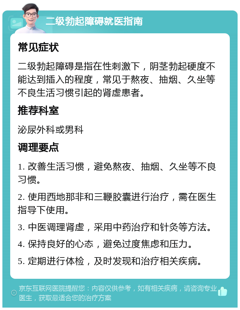 二级勃起障碍就医指南 常见症状 二级勃起障碍是指在性刺激下，阴茎勃起硬度不能达到插入的程度，常见于熬夜、抽烟、久坐等不良生活习惯引起的肾虚患者。 推荐科室 泌尿外科或男科 调理要点 1. 改善生活习惯，避免熬夜、抽烟、久坐等不良习惯。 2. 使用西地那非和三鞭胶囊进行治疗，需在医生指导下使用。 3. 中医调理肾虚，采用中药治疗和针灸等方法。 4. 保持良好的心态，避免过度焦虑和压力。 5. 定期进行体检，及时发现和治疗相关疾病。