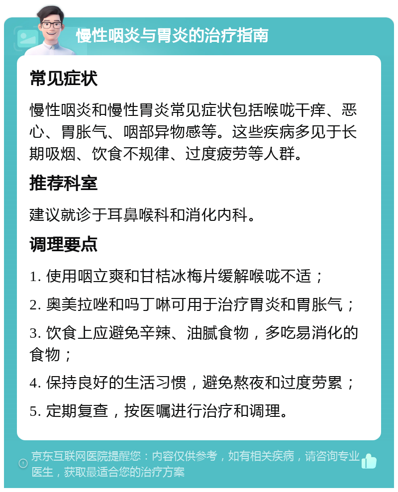 慢性咽炎与胃炎的治疗指南 常见症状 慢性咽炎和慢性胃炎常见症状包括喉咙干痒、恶心、胃胀气、咽部异物感等。这些疾病多见于长期吸烟、饮食不规律、过度疲劳等人群。 推荐科室 建议就诊于耳鼻喉科和消化内科。 调理要点 1. 使用咽立爽和甘桔冰梅片缓解喉咙不适； 2. 奥美拉唑和吗丁啉可用于治疗胃炎和胃胀气； 3. 饮食上应避免辛辣、油腻食物，多吃易消化的食物； 4. 保持良好的生活习惯，避免熬夜和过度劳累； 5. 定期复查，按医嘱进行治疗和调理。