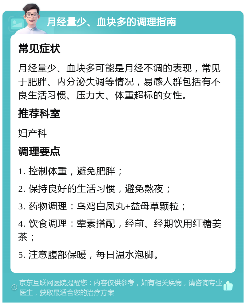 月经量少、血块多的调理指南 常见症状 月经量少、血块多可能是月经不调的表现，常见于肥胖、内分泌失调等情况，易感人群包括有不良生活习惯、压力大、体重超标的女性。 推荐科室 妇产科 调理要点 1. 控制体重，避免肥胖； 2. 保持良好的生活习惯，避免熬夜； 3. 药物调理：乌鸡白凤丸+益母草颗粒； 4. 饮食调理：荤素搭配，经前、经期饮用红糖姜茶； 5. 注意腹部保暖，每日温水泡脚。