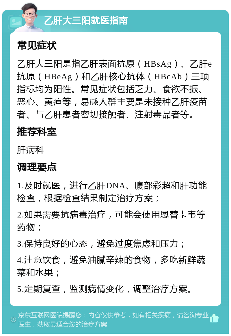 乙肝大三阳就医指南 常见症状 乙肝大三阳是指乙肝表面抗原（HBsAg）、乙肝e抗原（HBeAg）和乙肝核心抗体（HBcAb）三项指标均为阳性。常见症状包括乏力、食欲不振、恶心、黄疸等，易感人群主要是未接种乙肝疫苗者、与乙肝患者密切接触者、注射毒品者等。 推荐科室 肝病科 调理要点 1.及时就医，进行乙肝DNA、腹部彩超和肝功能检查，根据检查结果制定治疗方案； 2.如果需要抗病毒治疗，可能会使用恩替卡韦等药物； 3.保持良好的心态，避免过度焦虑和压力； 4.注意饮食，避免油腻辛辣的食物，多吃新鲜蔬菜和水果； 5.定期复查，监测病情变化，调整治疗方案。