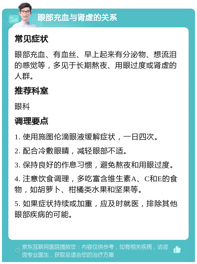 眼部充血与肾虚的关系 常见症状 眼部充血、有血丝、早上起来有分泌物、想流泪的感觉等，多见于长期熬夜、用眼过度或肾虚的人群。 推荐科室 眼科 调理要点 1. 使用施图伦滴眼液缓解症状，一日四次。 2. 配合冷敷眼睛，减轻眼部不适。 3. 保持良好的作息习惯，避免熬夜和用眼过度。 4. 注意饮食调理，多吃富含维生素A、C和E的食物，如胡萝卜、柑橘类水果和坚果等。 5. 如果症状持续或加重，应及时就医，排除其他眼部疾病的可能。