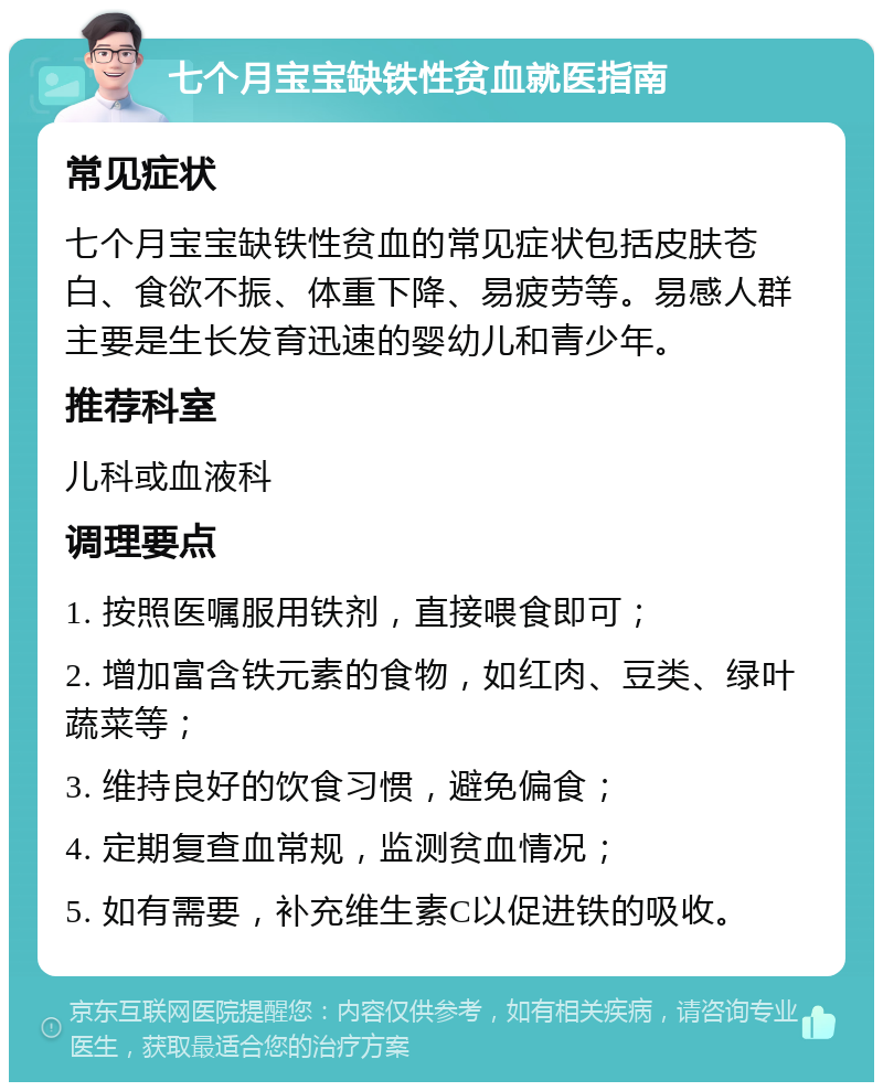 七个月宝宝缺铁性贫血就医指南 常见症状 七个月宝宝缺铁性贫血的常见症状包括皮肤苍白、食欲不振、体重下降、易疲劳等。易感人群主要是生长发育迅速的婴幼儿和青少年。 推荐科室 儿科或血液科 调理要点 1. 按照医嘱服用铁剂，直接喂食即可； 2. 增加富含铁元素的食物，如红肉、豆类、绿叶蔬菜等； 3. 维持良好的饮食习惯，避免偏食； 4. 定期复查血常规，监测贫血情况； 5. 如有需要，补充维生素C以促进铁的吸收。