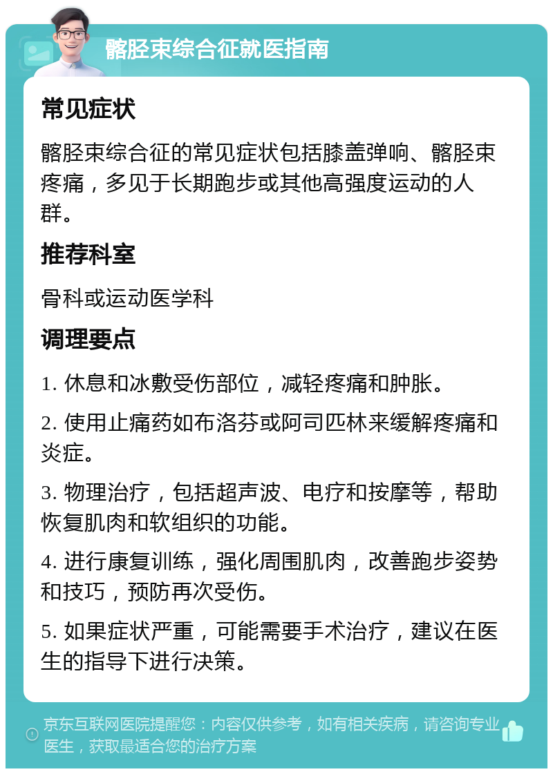 髂胫束综合征就医指南 常见症状 髂胫束综合征的常见症状包括膝盖弹响、髂胫束疼痛，多见于长期跑步或其他高强度运动的人群。 推荐科室 骨科或运动医学科 调理要点 1. 休息和冰敷受伤部位，减轻疼痛和肿胀。 2. 使用止痛药如布洛芬或阿司匹林来缓解疼痛和炎症。 3. 物理治疗，包括超声波、电疗和按摩等，帮助恢复肌肉和软组织的功能。 4. 进行康复训练，强化周围肌肉，改善跑步姿势和技巧，预防再次受伤。 5. 如果症状严重，可能需要手术治疗，建议在医生的指导下进行决策。