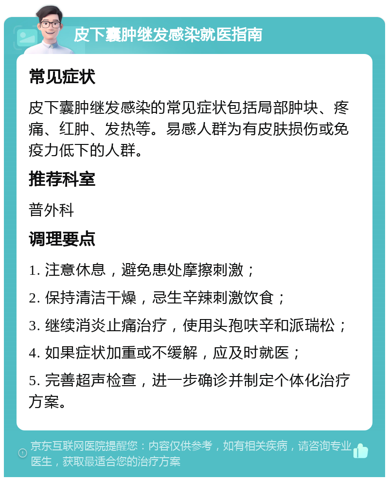 皮下囊肿继发感染就医指南 常见症状 皮下囊肿继发感染的常见症状包括局部肿块、疼痛、红肿、发热等。易感人群为有皮肤损伤或免疫力低下的人群。 推荐科室 普外科 调理要点 1. 注意休息，避免患处摩擦刺激； 2. 保持清洁干燥，忌生辛辣刺激饮食； 3. 继续消炎止痛治疗，使用头孢呋辛和派瑞松； 4. 如果症状加重或不缓解，应及时就医； 5. 完善超声检查，进一步确诊并制定个体化治疗方案。