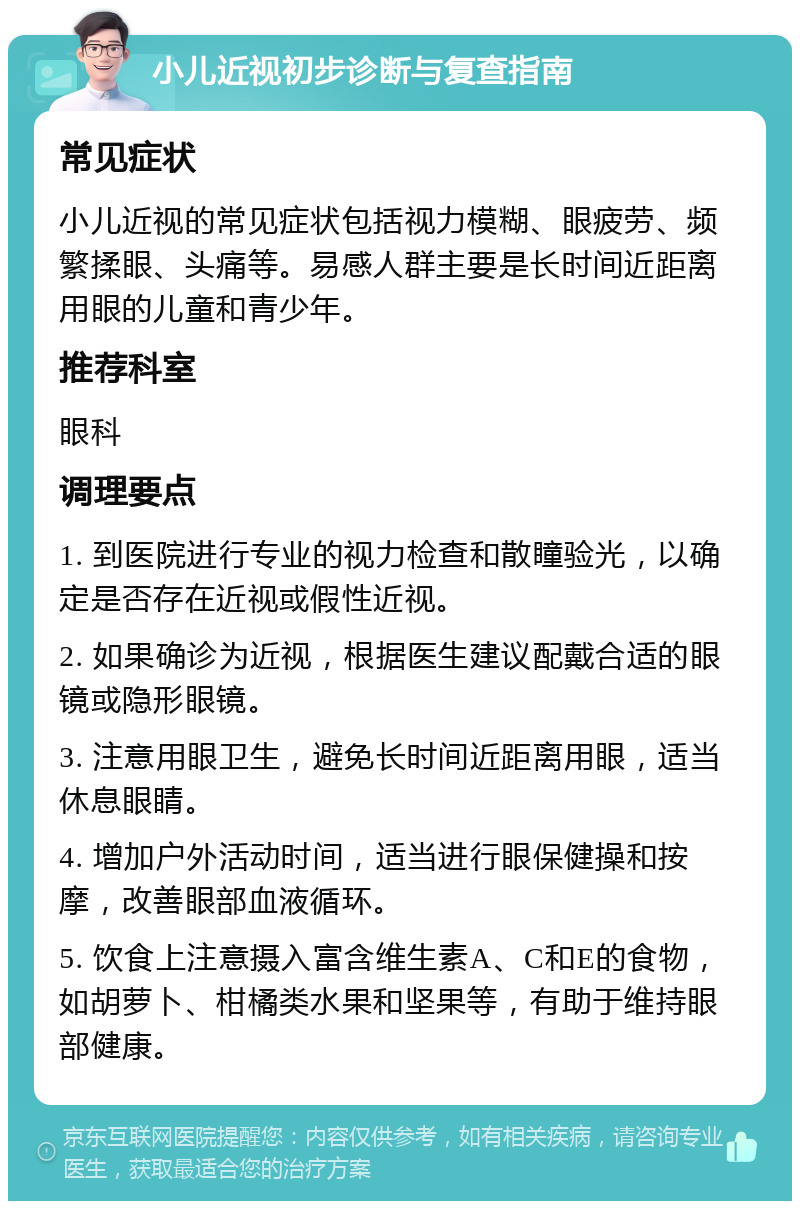 小儿近视初步诊断与复查指南 常见症状 小儿近视的常见症状包括视力模糊、眼疲劳、频繁揉眼、头痛等。易感人群主要是长时间近距离用眼的儿童和青少年。 推荐科室 眼科 调理要点 1. 到医院进行专业的视力检查和散瞳验光，以确定是否存在近视或假性近视。 2. 如果确诊为近视，根据医生建议配戴合适的眼镜或隐形眼镜。 3. 注意用眼卫生，避免长时间近距离用眼，适当休息眼睛。 4. 增加户外活动时间，适当进行眼保健操和按摩，改善眼部血液循环。 5. 饮食上注意摄入富含维生素A、C和E的食物，如胡萝卜、柑橘类水果和坚果等，有助于维持眼部健康。