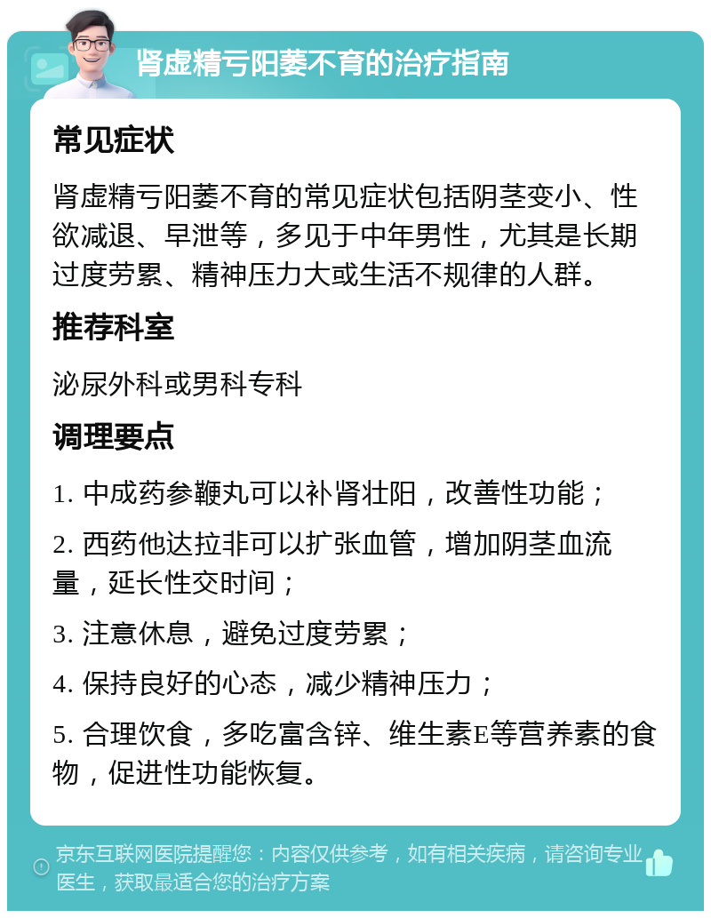 肾虚精亏阳萎不育的治疗指南 常见症状 肾虚精亏阳萎不育的常见症状包括阴茎变小、性欲减退、早泄等，多见于中年男性，尤其是长期过度劳累、精神压力大或生活不规律的人群。 推荐科室 泌尿外科或男科专科 调理要点 1. 中成药参鞭丸可以补肾壮阳，改善性功能； 2. 西药他达拉非可以扩张血管，增加阴茎血流量，延长性交时间； 3. 注意休息，避免过度劳累； 4. 保持良好的心态，减少精神压力； 5. 合理饮食，多吃富含锌、维生素E等营养素的食物，促进性功能恢复。