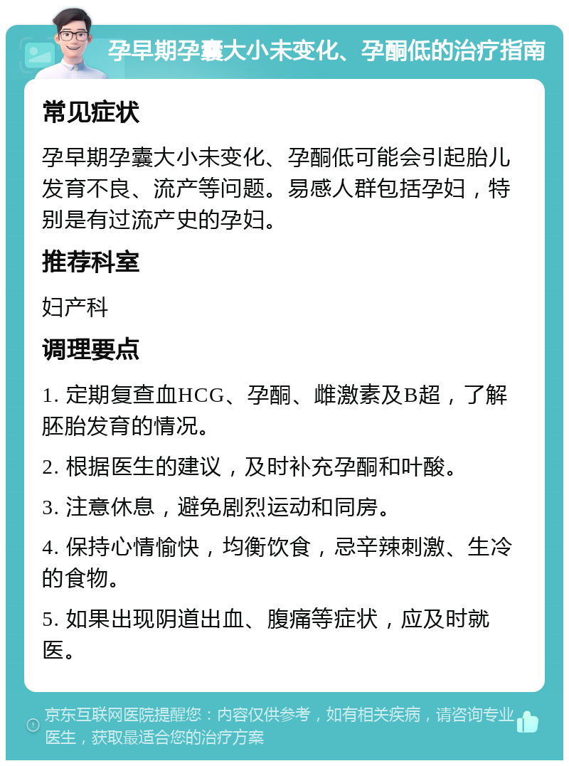 孕早期孕囊大小未变化、孕酮低的治疗指南 常见症状 孕早期孕囊大小未变化、孕酮低可能会引起胎儿发育不良、流产等问题。易感人群包括孕妇，特别是有过流产史的孕妇。 推荐科室 妇产科 调理要点 1. 定期复查血HCG、孕酮、雌激素及B超，了解胚胎发育的情况。 2. 根据医生的建议，及时补充孕酮和叶酸。 3. 注意休息，避免剧烈运动和同房。 4. 保持心情愉快，均衡饮食，忌辛辣刺激、生冷的食物。 5. 如果出现阴道出血、腹痛等症状，应及时就医。