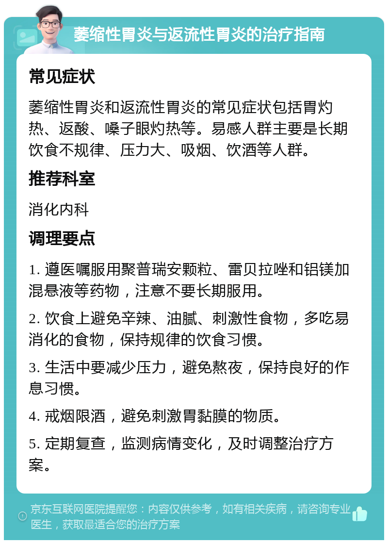 萎缩性胃炎与返流性胃炎的治疗指南 常见症状 萎缩性胃炎和返流性胃炎的常见症状包括胃灼热、返酸、嗓子眼灼热等。易感人群主要是长期饮食不规律、压力大、吸烟、饮酒等人群。 推荐科室 消化内科 调理要点 1. 遵医嘱服用聚普瑞安颗粒、雷贝拉唑和铝镁加混悬液等药物，注意不要长期服用。 2. 饮食上避免辛辣、油腻、刺激性食物，多吃易消化的食物，保持规律的饮食习惯。 3. 生活中要减少压力，避免熬夜，保持良好的作息习惯。 4. 戒烟限酒，避免刺激胃黏膜的物质。 5. 定期复查，监测病情变化，及时调整治疗方案。