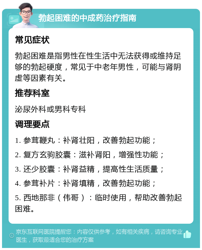 勃起困难的中成药治疗指南 常见症状 勃起困难是指男性在性生活中无法获得或维持足够的勃起硬度，常见于中老年男性，可能与肾阴虚等因素有关。 推荐科室 泌尿外科或男科专科 调理要点 1. 参茸鞭丸：补肾壮阳，改善勃起功能； 2. 复方玄驹胶囊：滋补肾阳，增强性功能； 3. 还少胶囊：补肾益精，提高性生活质量； 4. 参茸补片：补肾填精，改善勃起功能； 5. 西地那非（伟哥）：临时使用，帮助改善勃起困难。