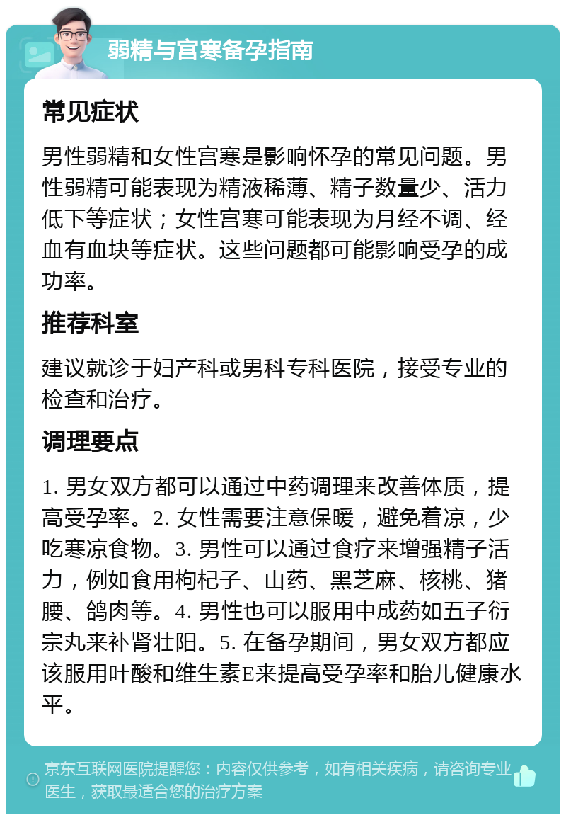 弱精与宫寒备孕指南 常见症状 男性弱精和女性宫寒是影响怀孕的常见问题。男性弱精可能表现为精液稀薄、精子数量少、活力低下等症状；女性宫寒可能表现为月经不调、经血有血块等症状。这些问题都可能影响受孕的成功率。 推荐科室 建议就诊于妇产科或男科专科医院，接受专业的检查和治疗。 调理要点 1. 男女双方都可以通过中药调理来改善体质，提高受孕率。2. 女性需要注意保暖，避免着凉，少吃寒凉食物。3. 男性可以通过食疗来增强精子活力，例如食用枸杞子、山药、黑芝麻、核桃、猪腰、鸽肉等。4. 男性也可以服用中成药如五子衍宗丸来补肾壮阳。5. 在备孕期间，男女双方都应该服用叶酸和维生素E来提高受孕率和胎儿健康水平。