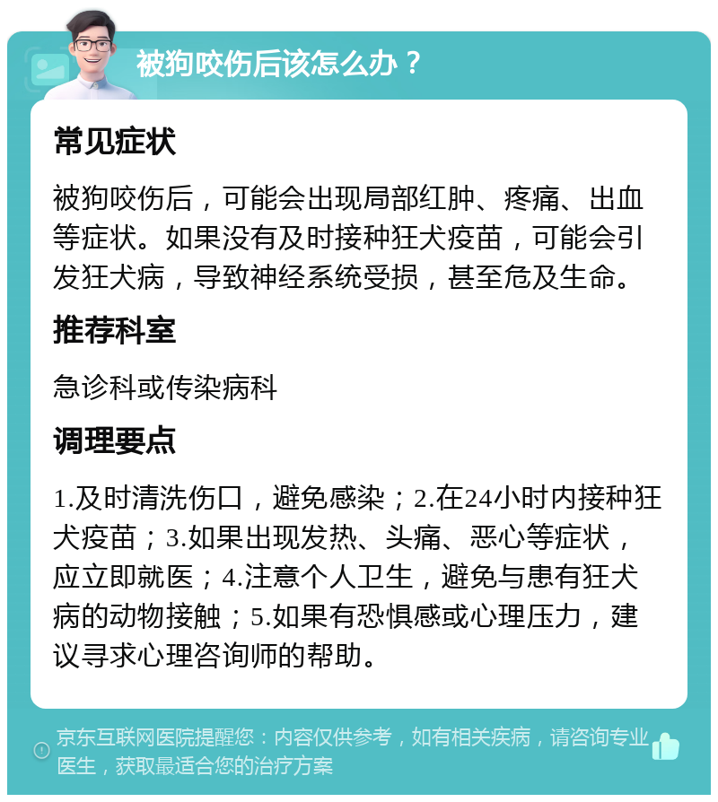 被狗咬伤后该怎么办？ 常见症状 被狗咬伤后，可能会出现局部红肿、疼痛、出血等症状。如果没有及时接种狂犬疫苗，可能会引发狂犬病，导致神经系统受损，甚至危及生命。 推荐科室 急诊科或传染病科 调理要点 1.及时清洗伤口，避免感染；2.在24小时内接种狂犬疫苗；3.如果出现发热、头痛、恶心等症状，应立即就医；4.注意个人卫生，避免与患有狂犬病的动物接触；5.如果有恐惧感或心理压力，建议寻求心理咨询师的帮助。