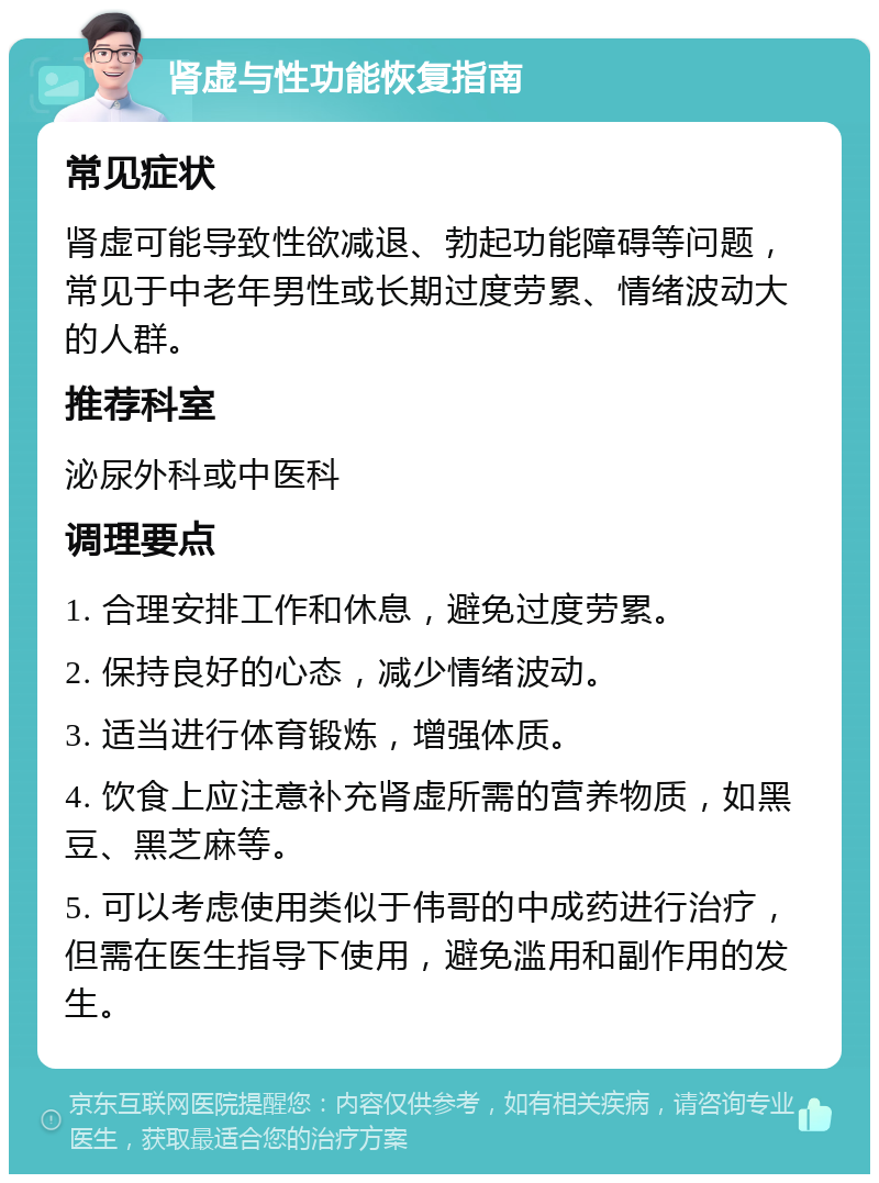 肾虚与性功能恢复指南 常见症状 肾虚可能导致性欲减退、勃起功能障碍等问题，常见于中老年男性或长期过度劳累、情绪波动大的人群。 推荐科室 泌尿外科或中医科 调理要点 1. 合理安排工作和休息，避免过度劳累。 2. 保持良好的心态，减少情绪波动。 3. 适当进行体育锻炼，增强体质。 4. 饮食上应注意补充肾虚所需的营养物质，如黑豆、黑芝麻等。 5. 可以考虑使用类似于伟哥的中成药进行治疗，但需在医生指导下使用，避免滥用和副作用的发生。