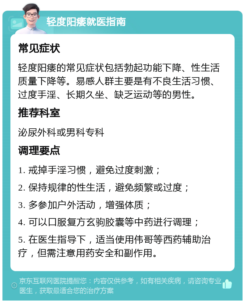 轻度阳痿就医指南 常见症状 轻度阳痿的常见症状包括勃起功能下降、性生活质量下降等。易感人群主要是有不良生活习惯、过度手淫、长期久坐、缺乏运动等的男性。 推荐科室 泌尿外科或男科专科 调理要点 1. 戒掉手淫习惯，避免过度刺激； 2. 保持规律的性生活，避免频繁或过度； 3. 多参加户外活动，增强体质； 4. 可以口服复方玄驹胶囊等中药进行调理； 5. 在医生指导下，适当使用伟哥等西药辅助治疗，但需注意用药安全和副作用。