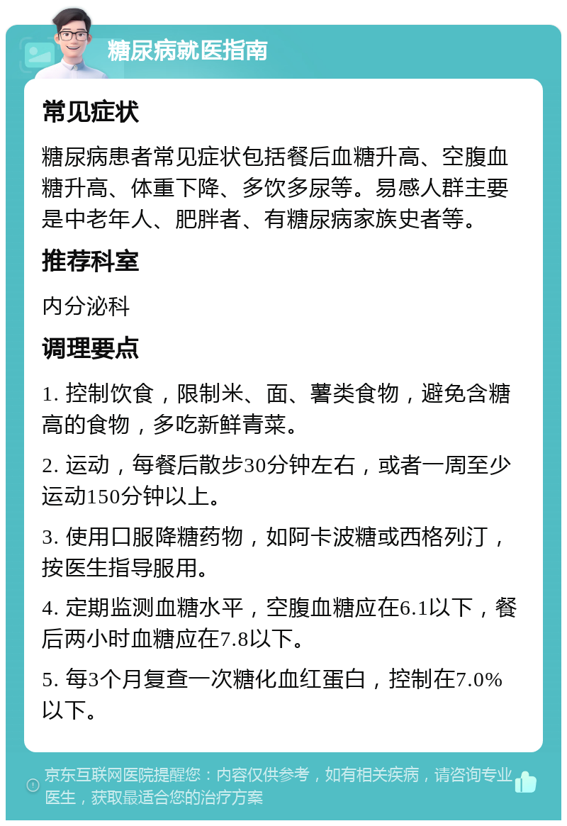 糖尿病就医指南 常见症状 糖尿病患者常见症状包括餐后血糖升高、空腹血糖升高、体重下降、多饮多尿等。易感人群主要是中老年人、肥胖者、有糖尿病家族史者等。 推荐科室 内分泌科 调理要点 1. 控制饮食，限制米、面、薯类食物，避免含糖高的食物，多吃新鲜青菜。 2. 运动，每餐后散步30分钟左右，或者一周至少运动150分钟以上。 3. 使用口服降糖药物，如阿卡波糖或西格列汀，按医生指导服用。 4. 定期监测血糖水平，空腹血糖应在6.1以下，餐后两小时血糖应在7.8以下。 5. 每3个月复查一次糖化血红蛋白，控制在7.0%以下。