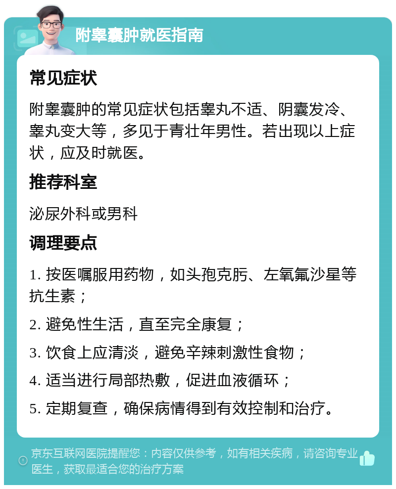 附睾囊肿就医指南 常见症状 附睾囊肿的常见症状包括睾丸不适、阴囊发冷、睾丸变大等，多见于青壮年男性。若出现以上症状，应及时就医。 推荐科室 泌尿外科或男科 调理要点 1. 按医嘱服用药物，如头孢克肟、左氧氟沙星等抗生素； 2. 避免性生活，直至完全康复； 3. 饮食上应清淡，避免辛辣刺激性食物； 4. 适当进行局部热敷，促进血液循环； 5. 定期复查，确保病情得到有效控制和治疗。