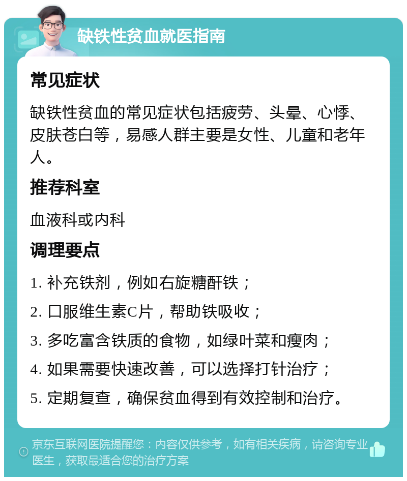 缺铁性贫血就医指南 常见症状 缺铁性贫血的常见症状包括疲劳、头晕、心悸、皮肤苍白等，易感人群主要是女性、儿童和老年人。 推荐科室 血液科或内科 调理要点 1. 补充铁剂，例如右旋糖酐铁； 2. 口服维生素C片，帮助铁吸收； 3. 多吃富含铁质的食物，如绿叶菜和瘦肉； 4. 如果需要快速改善，可以选择打针治疗； 5. 定期复查，确保贫血得到有效控制和治疗。