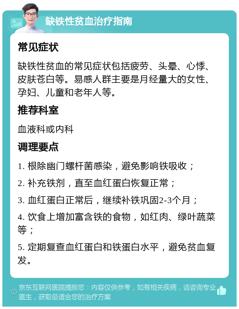 缺铁性贫血治疗指南 常见症状 缺铁性贫血的常见症状包括疲劳、头晕、心悸、皮肤苍白等。易感人群主要是月经量大的女性、孕妇、儿童和老年人等。 推荐科室 血液科或内科 调理要点 1. 根除幽门螺杆菌感染，避免影响铁吸收； 2. 补充铁剂，直至血红蛋白恢复正常； 3. 血红蛋白正常后，继续补铁巩固2-3个月； 4. 饮食上增加富含铁的食物，如红肉、绿叶蔬菜等； 5. 定期复查血红蛋白和铁蛋白水平，避免贫血复发。