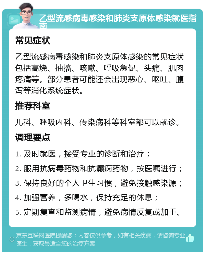 乙型流感病毒感染和肺炎支原体感染就医指南 常见症状 乙型流感病毒感染和肺炎支原体感染的常见症状包括高烧、抽搐、咳嗽、呼吸急促、头痛、肌肉疼痛等。部分患者可能还会出现恶心、呕吐、腹泻等消化系统症状。 推荐科室 儿科、呼吸内科、传染病科等科室都可以就诊。 调理要点 1. 及时就医，接受专业的诊断和治疗； 2. 服用抗病毒药物和抗癫痫药物，按医嘱进行； 3. 保持良好的个人卫生习惯，避免接触感染源； 4. 加强营养，多喝水，保持充足的休息； 5. 定期复查和监测病情，避免病情反复或加重。