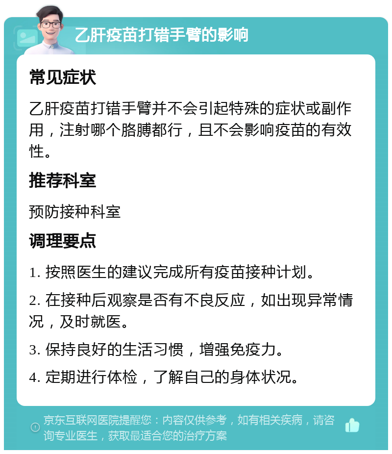 乙肝疫苗打错手臂的影响 常见症状 乙肝疫苗打错手臂并不会引起特殊的症状或副作用，注射哪个胳膊都行，且不会影响疫苗的有效性。 推荐科室 预防接种科室 调理要点 1. 按照医生的建议完成所有疫苗接种计划。 2. 在接种后观察是否有不良反应，如出现异常情况，及时就医。 3. 保持良好的生活习惯，增强免疫力。 4. 定期进行体检，了解自己的身体状况。