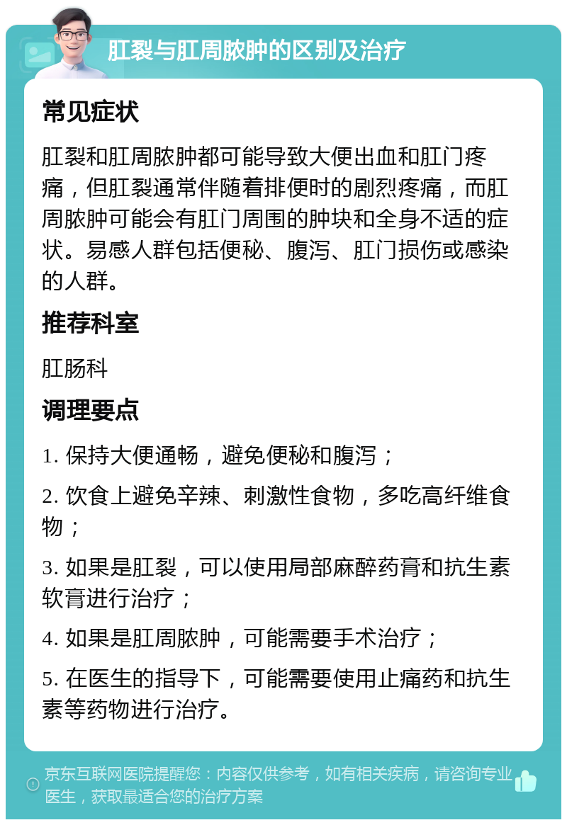 肛裂与肛周脓肿的区别及治疗 常见症状 肛裂和肛周脓肿都可能导致大便出血和肛门疼痛，但肛裂通常伴随着排便时的剧烈疼痛，而肛周脓肿可能会有肛门周围的肿块和全身不适的症状。易感人群包括便秘、腹泻、肛门损伤或感染的人群。 推荐科室 肛肠科 调理要点 1. 保持大便通畅，避免便秘和腹泻； 2. 饮食上避免辛辣、刺激性食物，多吃高纤维食物； 3. 如果是肛裂，可以使用局部麻醉药膏和抗生素软膏进行治疗； 4. 如果是肛周脓肿，可能需要手术治疗； 5. 在医生的指导下，可能需要使用止痛药和抗生素等药物进行治疗。