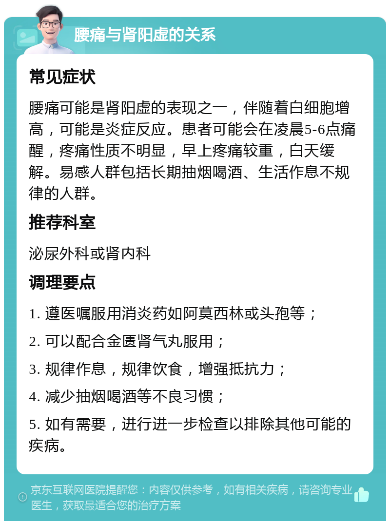 腰痛与肾阳虚的关系 常见症状 腰痛可能是肾阳虚的表现之一，伴随着白细胞增高，可能是炎症反应。患者可能会在凌晨5-6点痛醒，疼痛性质不明显，早上疼痛较重，白天缓解。易感人群包括长期抽烟喝酒、生活作息不规律的人群。 推荐科室 泌尿外科或肾内科 调理要点 1. 遵医嘱服用消炎药如阿莫西林或头孢等； 2. 可以配合金匮肾气丸服用； 3. 规律作息，规律饮食，增强抵抗力； 4. 减少抽烟喝酒等不良习惯； 5. 如有需要，进行进一步检查以排除其他可能的疾病。