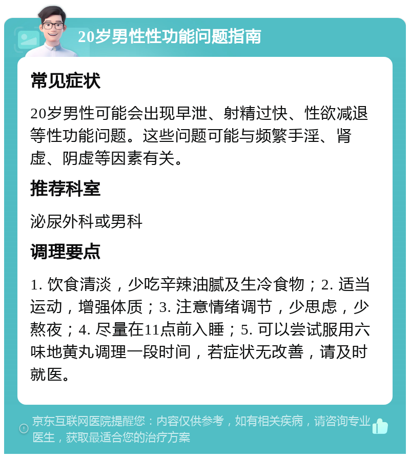 20岁男性性功能问题指南 常见症状 20岁男性可能会出现早泄、射精过快、性欲减退等性功能问题。这些问题可能与频繁手淫、肾虚、阴虚等因素有关。 推荐科室 泌尿外科或男科 调理要点 1. 饮食清淡，少吃辛辣油腻及生冷食物；2. 适当运动，增强体质；3. 注意情绪调节，少思虑，少熬夜；4. 尽量在11点前入睡；5. 可以尝试服用六味地黄丸调理一段时间，若症状无改善，请及时就医。