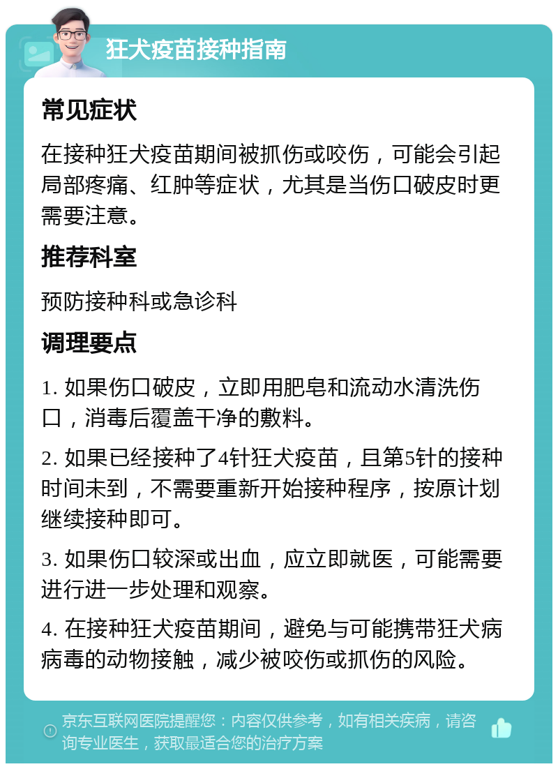 狂犬疫苗接种指南 常见症状 在接种狂犬疫苗期间被抓伤或咬伤，可能会引起局部疼痛、红肿等症状，尤其是当伤口破皮时更需要注意。 推荐科室 预防接种科或急诊科 调理要点 1. 如果伤口破皮，立即用肥皂和流动水清洗伤口，消毒后覆盖干净的敷料。 2. 如果已经接种了4针狂犬疫苗，且第5针的接种时间未到，不需要重新开始接种程序，按原计划继续接种即可。 3. 如果伤口较深或出血，应立即就医，可能需要进行进一步处理和观察。 4. 在接种狂犬疫苗期间，避免与可能携带狂犬病病毒的动物接触，减少被咬伤或抓伤的风险。