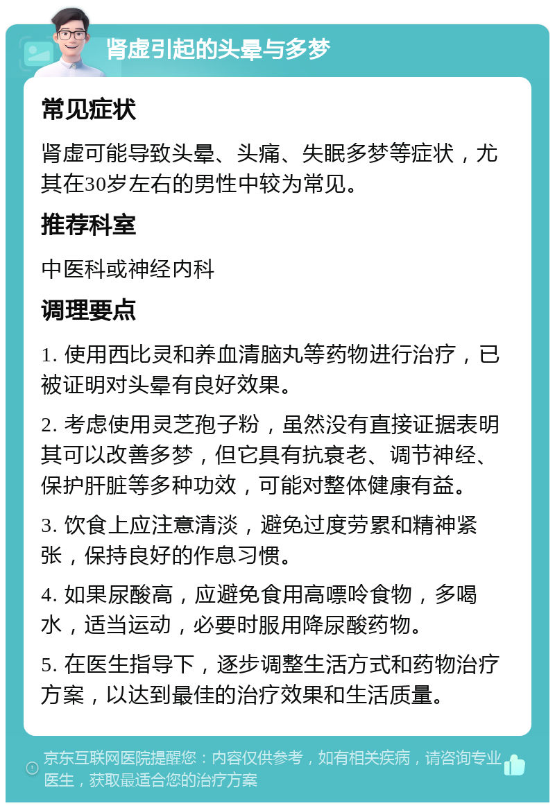 肾虚引起的头晕与多梦 常见症状 肾虚可能导致头晕、头痛、失眠多梦等症状，尤其在30岁左右的男性中较为常见。 推荐科室 中医科或神经内科 调理要点 1. 使用西比灵和养血清脑丸等药物进行治疗，已被证明对头晕有良好效果。 2. 考虑使用灵芝孢子粉，虽然没有直接证据表明其可以改善多梦，但它具有抗衰老、调节神经、保护肝脏等多种功效，可能对整体健康有益。 3. 饮食上应注意清淡，避免过度劳累和精神紧张，保持良好的作息习惯。 4. 如果尿酸高，应避免食用高嘌呤食物，多喝水，适当运动，必要时服用降尿酸药物。 5. 在医生指导下，逐步调整生活方式和药物治疗方案，以达到最佳的治疗效果和生活质量。