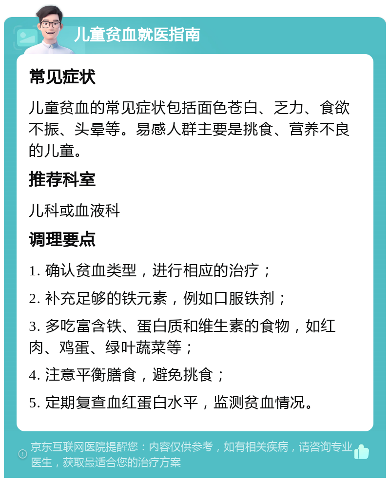 儿童贫血就医指南 常见症状 儿童贫血的常见症状包括面色苍白、乏力、食欲不振、头晕等。易感人群主要是挑食、营养不良的儿童。 推荐科室 儿科或血液科 调理要点 1. 确认贫血类型，进行相应的治疗； 2. 补充足够的铁元素，例如口服铁剂； 3. 多吃富含铁、蛋白质和维生素的食物，如红肉、鸡蛋、绿叶蔬菜等； 4. 注意平衡膳食，避免挑食； 5. 定期复查血红蛋白水平，监测贫血情况。