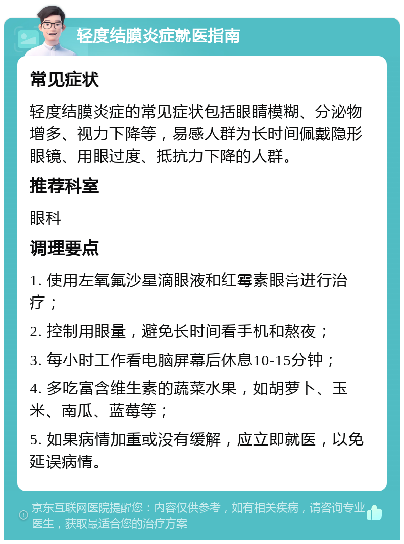 轻度结膜炎症就医指南 常见症状 轻度结膜炎症的常见症状包括眼睛模糊、分泌物增多、视力下降等，易感人群为长时间佩戴隐形眼镜、用眼过度、抵抗力下降的人群。 推荐科室 眼科 调理要点 1. 使用左氧氟沙星滴眼液和红霉素眼膏进行治疗； 2. 控制用眼量，避免长时间看手机和熬夜； 3. 每小时工作看电脑屏幕后休息10-15分钟； 4. 多吃富含维生素的蔬菜水果，如胡萝卜、玉米、南瓜、蓝莓等； 5. 如果病情加重或没有缓解，应立即就医，以免延误病情。