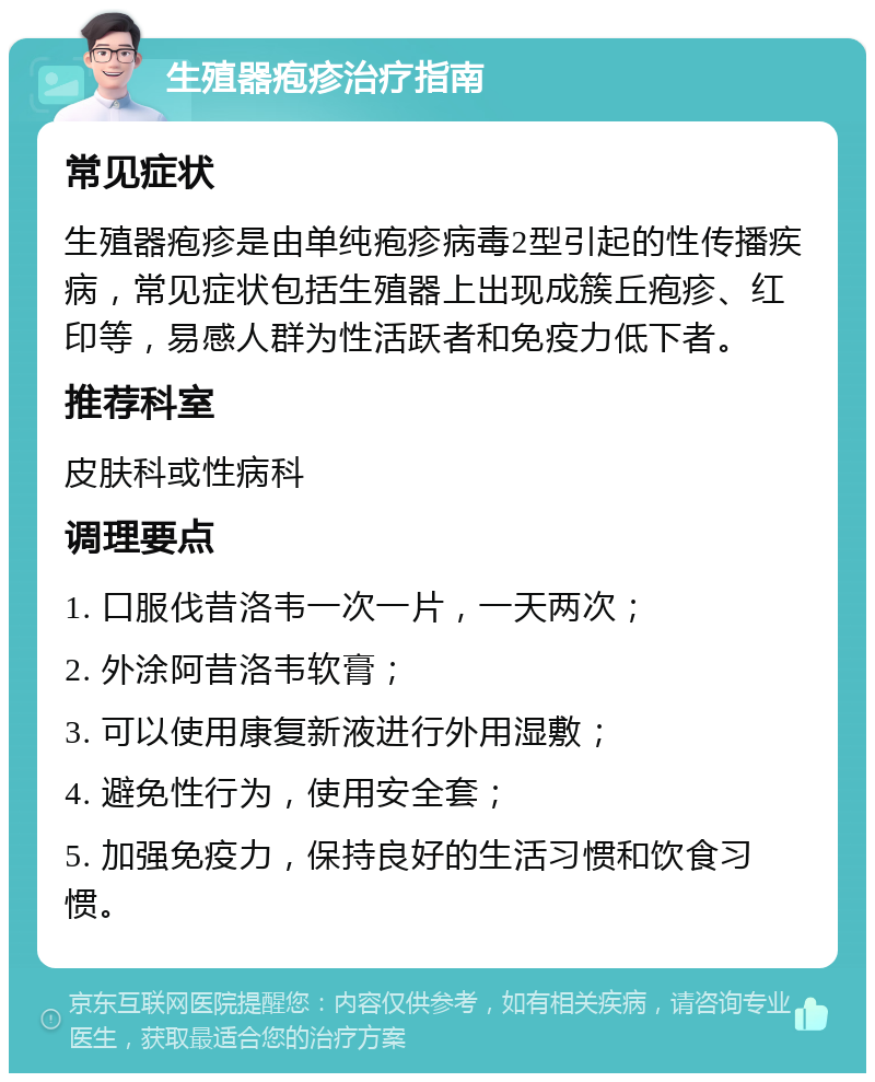 生殖器疱疹治疗指南 常见症状 生殖器疱疹是由单纯疱疹病毒2型引起的性传播疾病，常见症状包括生殖器上出现成簇丘疱疹、红印等，易感人群为性活跃者和免疫力低下者。 推荐科室 皮肤科或性病科 调理要点 1. 口服伐昔洛韦一次一片，一天两次； 2. 外涂阿昔洛韦软膏； 3. 可以使用康复新液进行外用湿敷； 4. 避免性行为，使用安全套； 5. 加强免疫力，保持良好的生活习惯和饮食习惯。