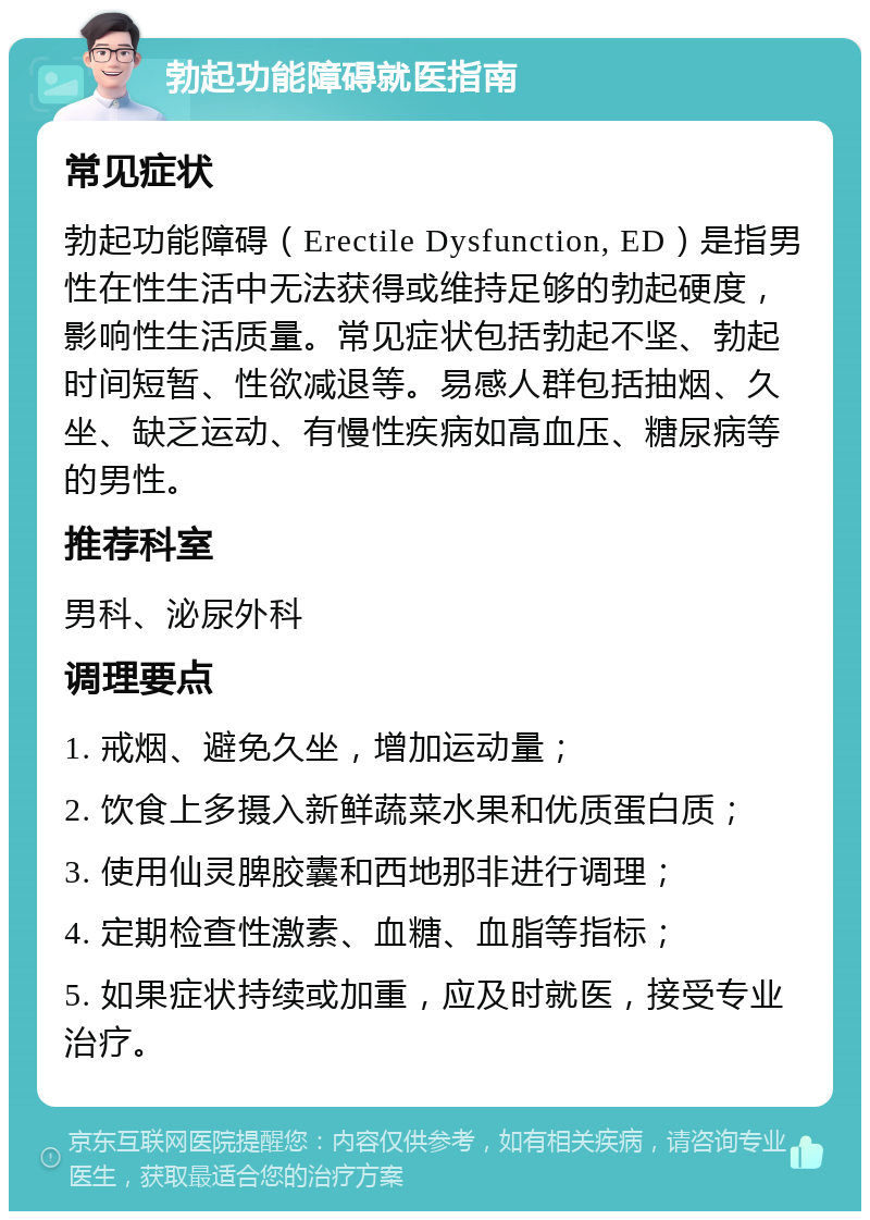 勃起功能障碍就医指南 常见症状 勃起功能障碍（Erectile Dysfunction, ED）是指男性在性生活中无法获得或维持足够的勃起硬度，影响性生活质量。常见症状包括勃起不坚、勃起时间短暂、性欲减退等。易感人群包括抽烟、久坐、缺乏运动、有慢性疾病如高血压、糖尿病等的男性。 推荐科室 男科、泌尿外科 调理要点 1. 戒烟、避免久坐，增加运动量； 2. 饮食上多摄入新鲜蔬菜水果和优质蛋白质； 3. 使用仙灵脾胶囊和西地那非进行调理； 4. 定期检查性激素、血糖、血脂等指标； 5. 如果症状持续或加重，应及时就医，接受专业治疗。