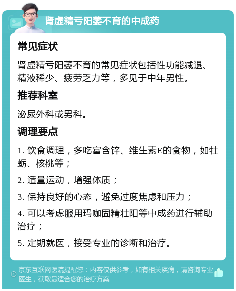 肾虚精亏阳萎不育的中成药 常见症状 肾虚精亏阳萎不育的常见症状包括性功能减退、精液稀少、疲劳乏力等，多见于中年男性。 推荐科室 泌尿外科或男科。 调理要点 1. 饮食调理，多吃富含锌、维生素E的食物，如牡蛎、核桃等； 2. 适量运动，增强体质； 3. 保持良好的心态，避免过度焦虑和压力； 4. 可以考虑服用玛咖固精壮阳等中成药进行辅助治疗； 5. 定期就医，接受专业的诊断和治疗。